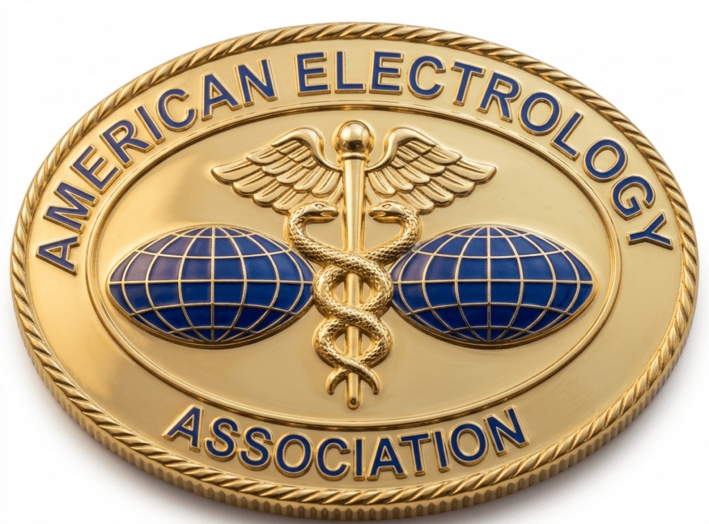 Gold circular emblem for the American Electrology Association featuring a caduceus and two blue globes on a gold background, rope edge.