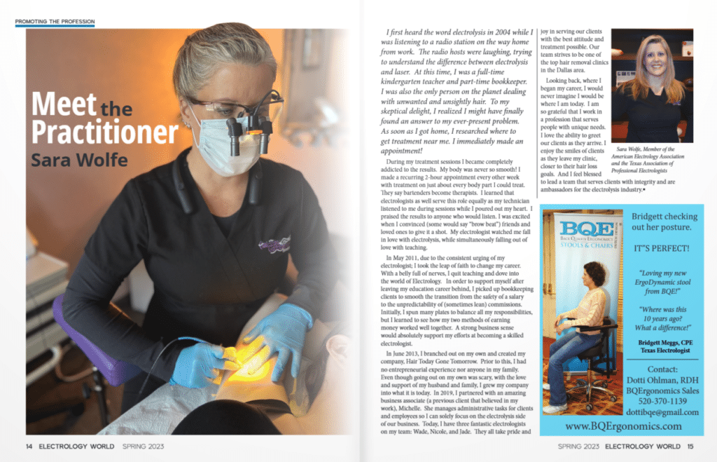 Magazine spread about practitioner Sara Wolfe; left page shows her wearing a mask and magnification loupes during a procedure, right page includes her portrait and article text.