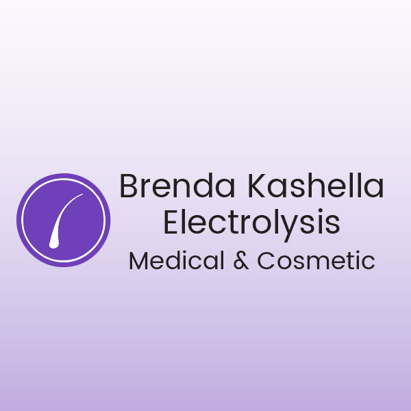 Logo for Brenda Kashella Electrolysis with a purple circular emblem containing a white droplet and the text ‘Medical & Cosmetic’ on a lavender gradient background. Brief branding image for a medical/cosmetic practice.