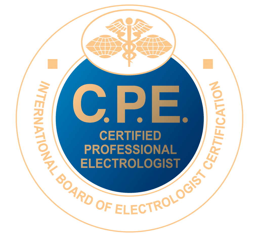 Circular seal with blue center reading 'C.P.E.' and 'Certified Professional Electrologist'; gold border and caduceus emblem in white circle at top.