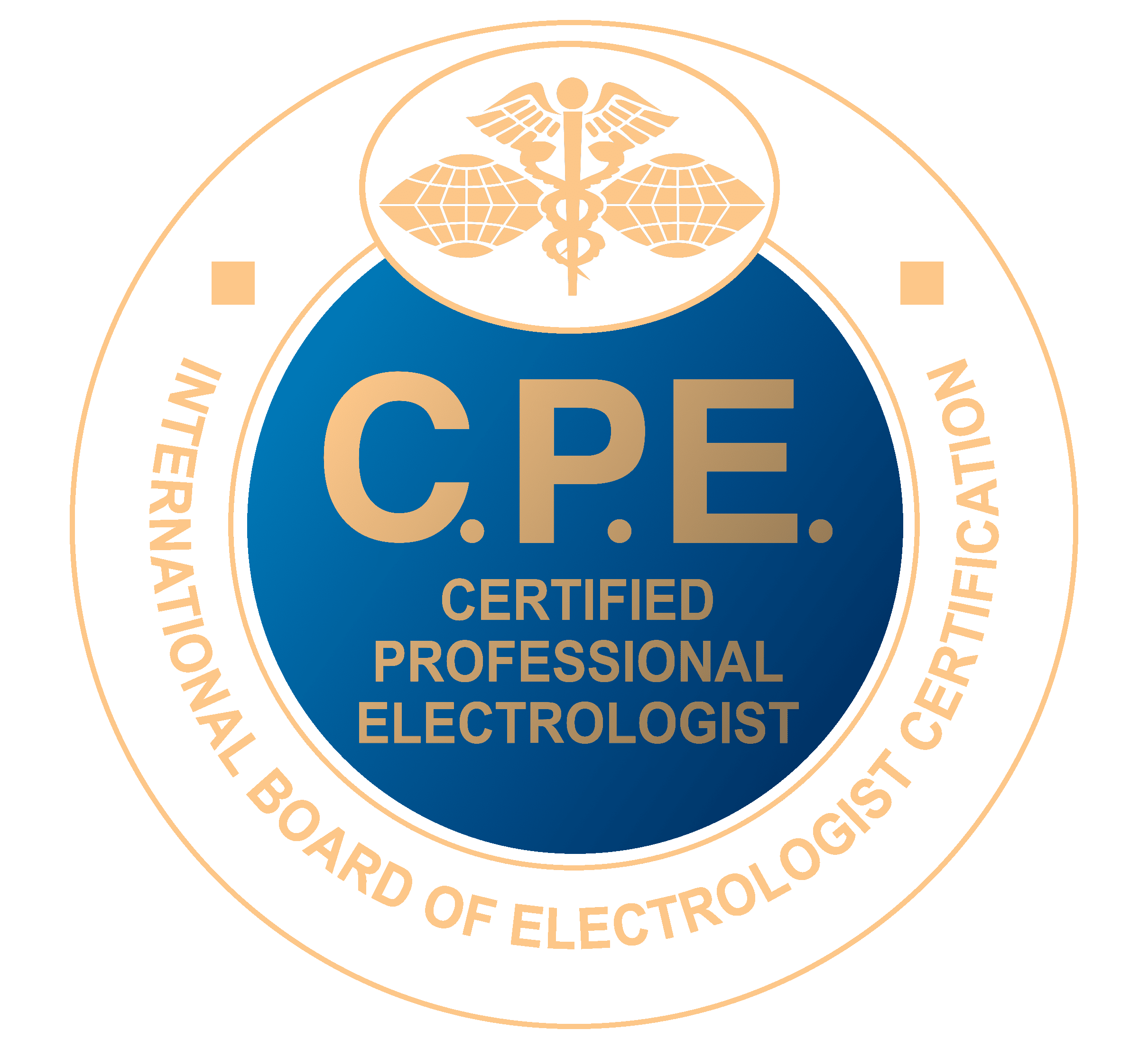 Circular seal with blue center reading 'C.P.E.' and 'Certified Professional Electrologist'; gold border and caduceus emblem in white circle at top.