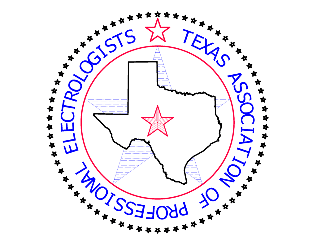 Circular emblem featuring the outline of Texas inside a red border, a red central star, blue curved motto text around the edge, and a ring of black stars outside.