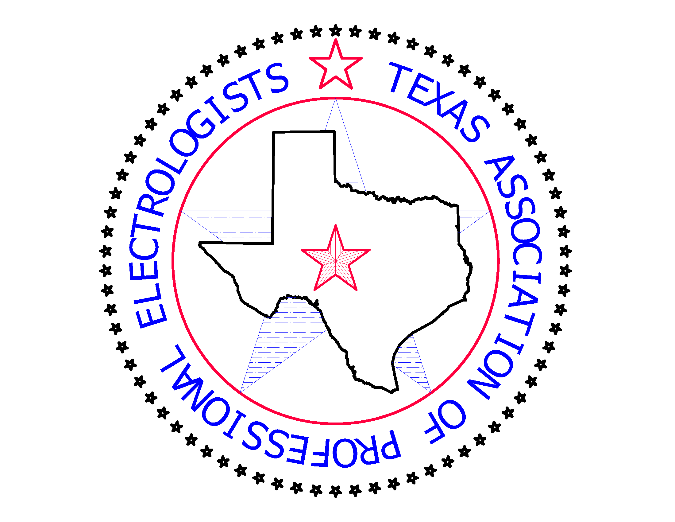 Circular emblem featuring the outline of Texas inside a red border, a red central star, blue curved motto text around the edge, and a ring of black stars outside.